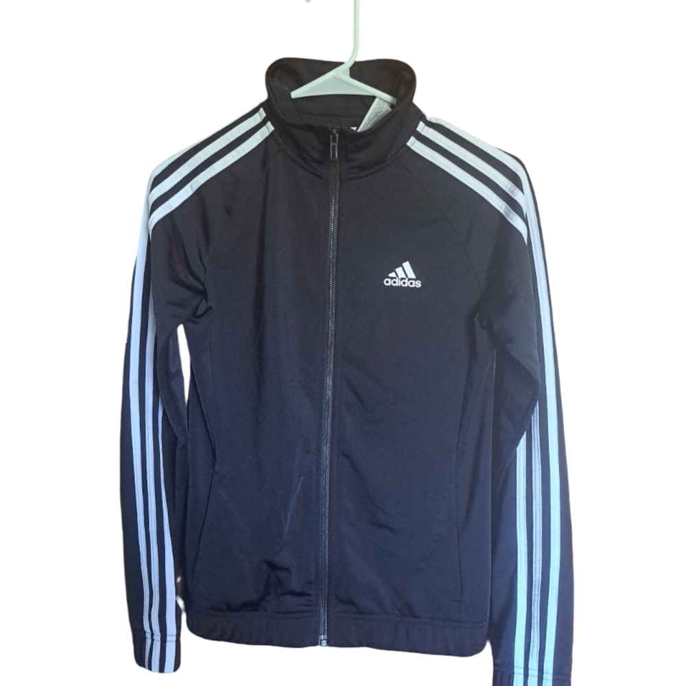 Adidas Boys Long Sleeve Track Jacket Black /White Stripes Full Zip Size XS 12/16